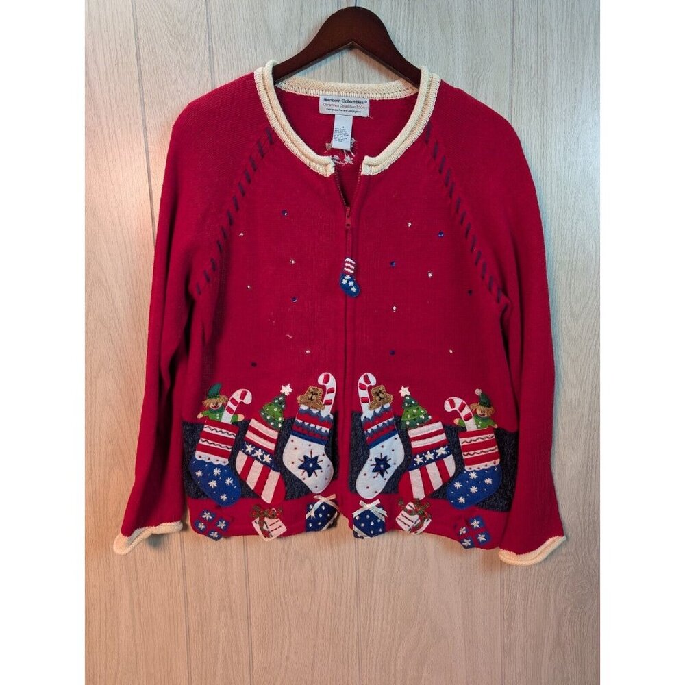 UGLY CHRISTMAS SWEATER Heirloom Collectibles 2004 Stockings Bling Theme Womens M